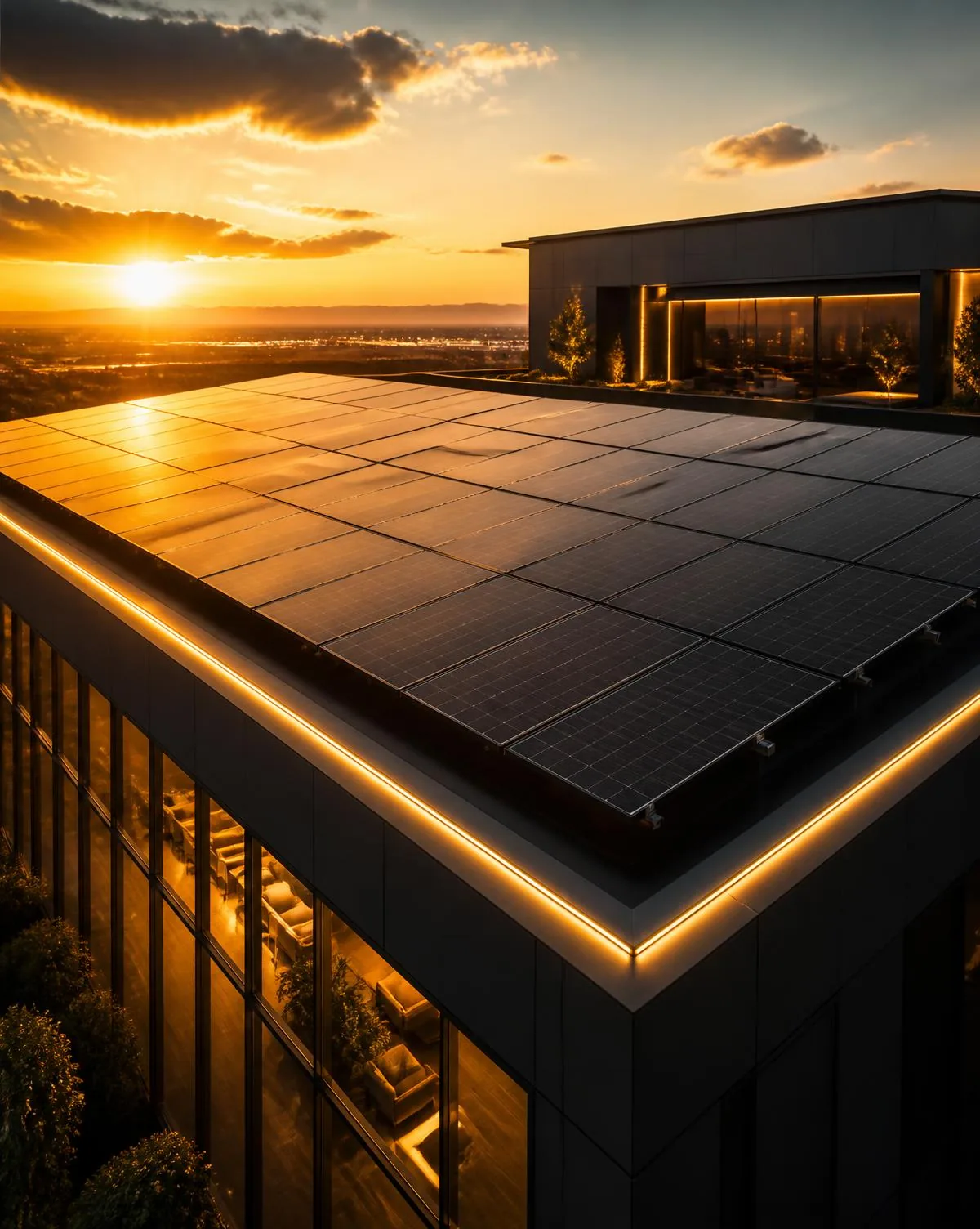Usina solar em telhado comercial ao entardecer