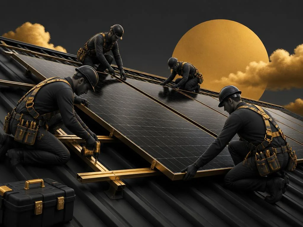 Equipe técnica instalando painéis solares