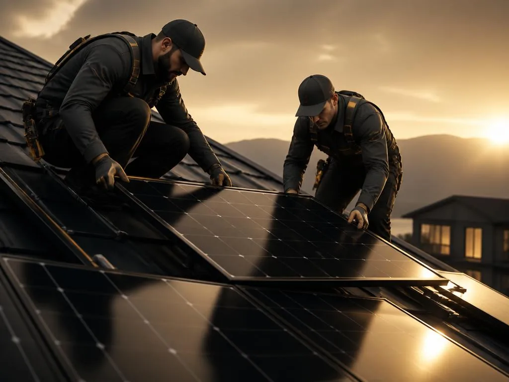 Equipe instalando painéis solares